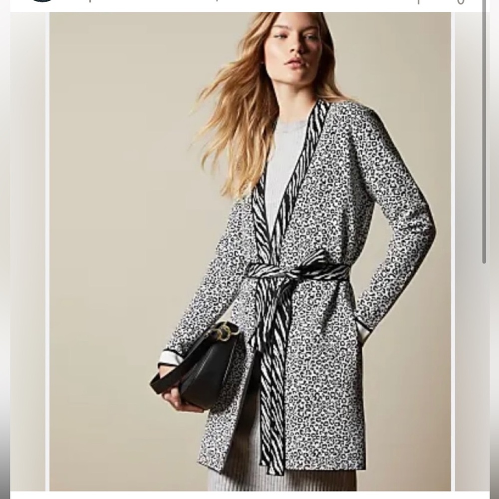 TED BAKER Lyyinda zebra
belted women’s white black leopard Cardigan duster